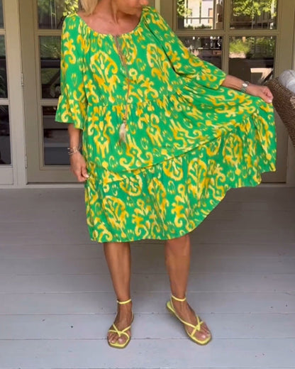 Camille™ Drawstring Neck Bell Sleeve Midi Dress