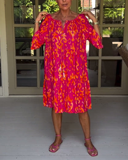 Camille™ Drawstring Neck Bell Sleeve Midi Dress