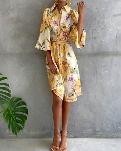 Lorette™ Notch Collar Lantern Sleeve Midi Dress