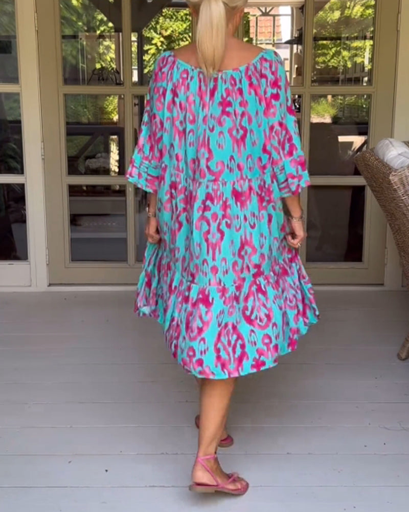 Camille™ Drawstring Neck Bell Sleeve Midi Dress