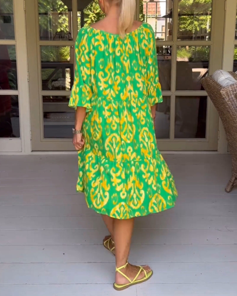 Camille™ Drawstring Neck Bell Sleeve Midi Dress