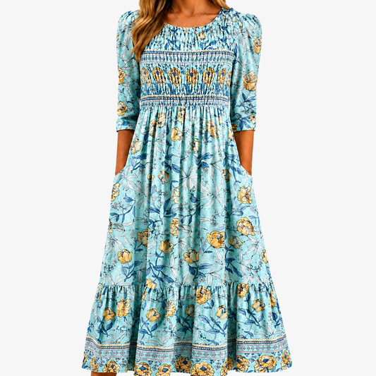 Golden Bloom™ Smocked Garden Midi Dress