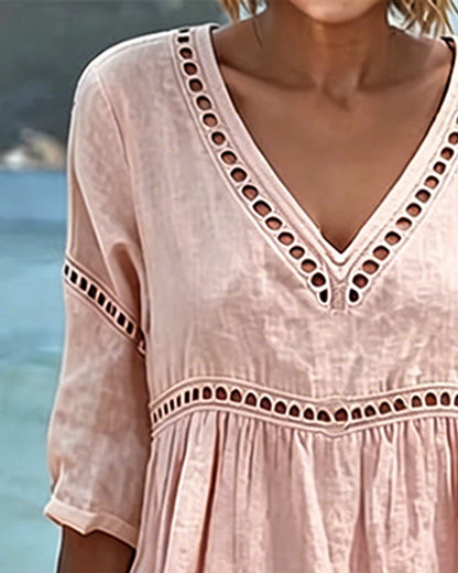 Noémie™ Openwork V-Neck Casual Midi Dress