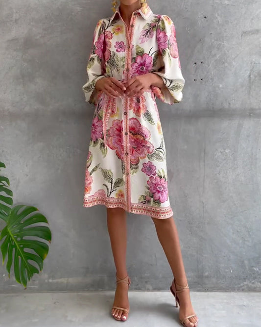 Lorette™ Notch Collar Lantern Sleeve Midi Dress