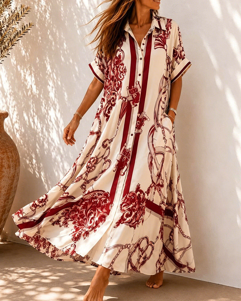 Vivienne™ Vintage Scroll Collared Shirt Maxi Dress