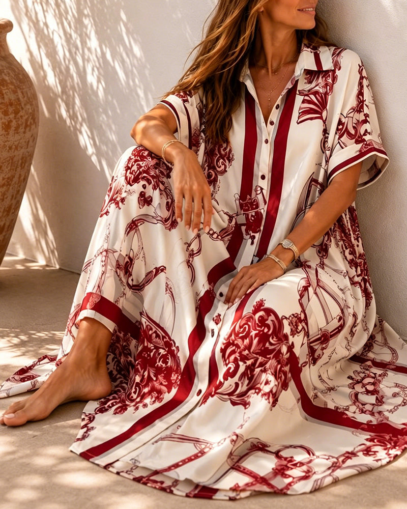 Vivienne™ Vintage Scroll Collared Shirt Maxi Dress
