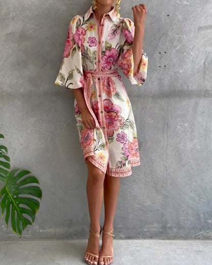 Lorette™ Notch Collar Lantern Sleeve Midi Dress