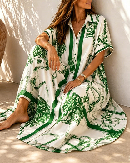 Vivienne™ Vintage Scroll Collared Shirt Maxi Dress