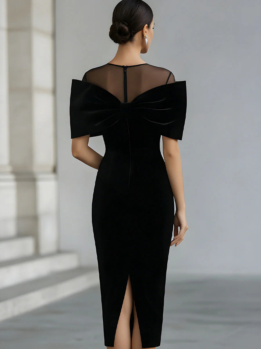 Regina™ | Black Velvet Midi Dress with Bow