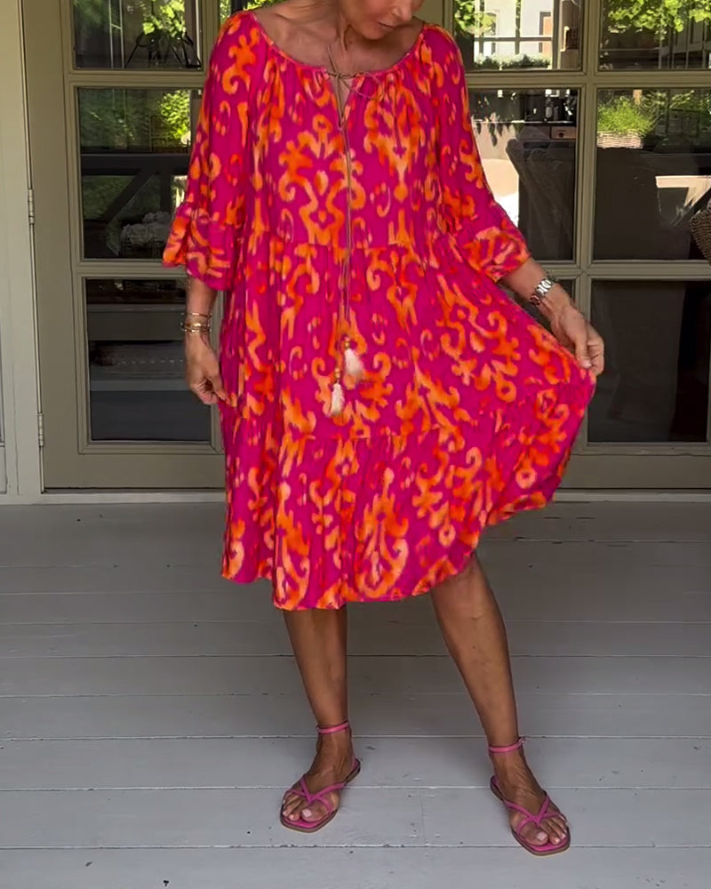 Camille™ Drawstring Neck Bell Sleeve Midi Dress