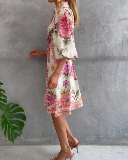 Lorette™ Notch Collar Lantern Sleeve Midi Dress