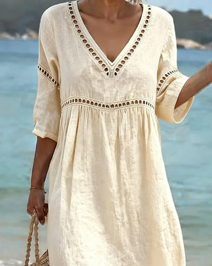 Noémie™ Openwork V-Neck Casual Midi Dress