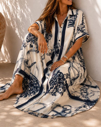 Vivienne™ Vintage Scroll Collared Shirt Maxi Dress