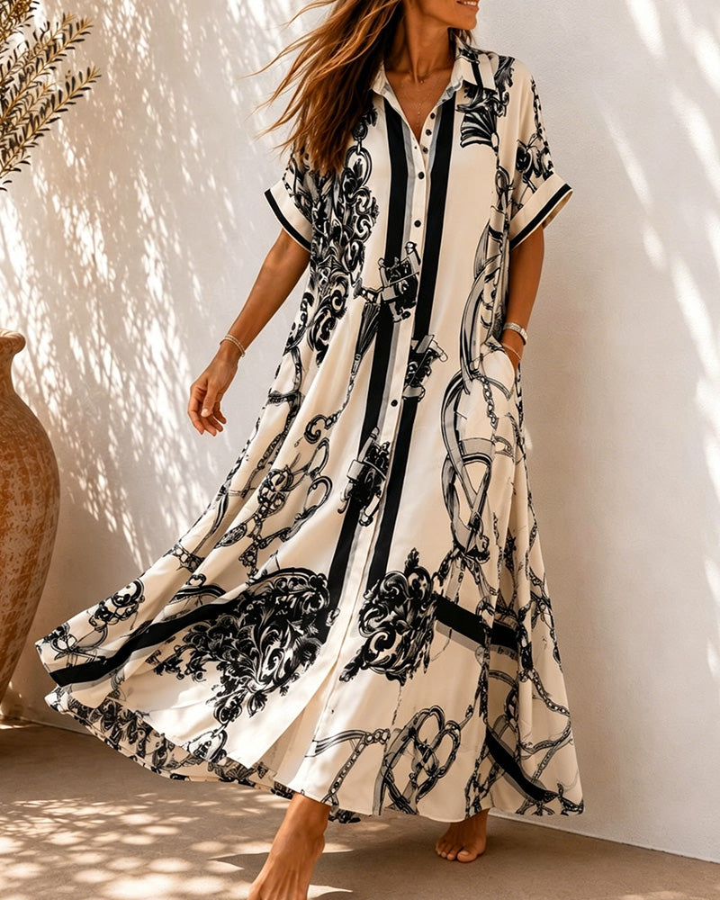 Vivienne™ Vintage Scroll Collared Shirt Maxi Dress