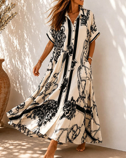 Vivienne™ Vintage Scroll Collared Shirt Maxi Dress