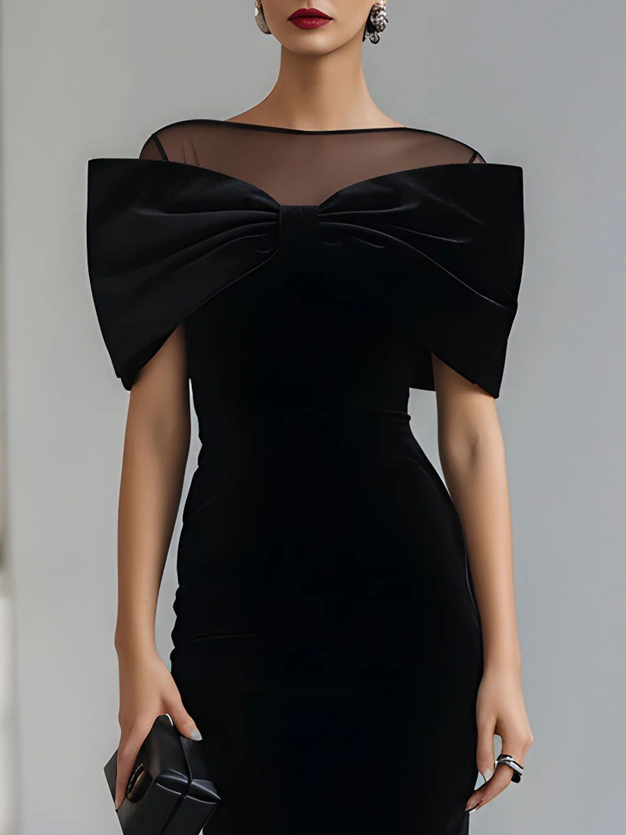 Regina™ | Black Velvet Midi Dress with Bow
