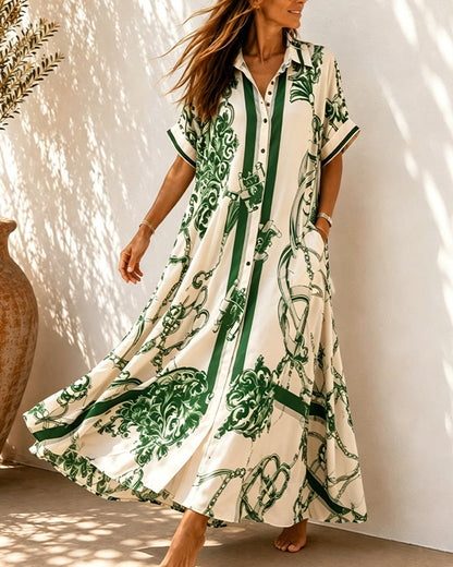 Vivienne™ Vintage Scroll Collared Shirt Maxi Dress