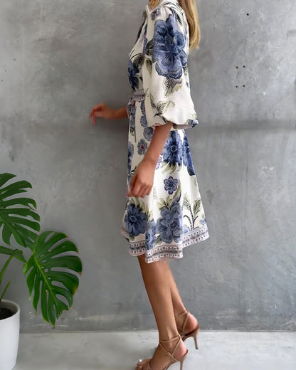 Lorette™ Notch Collar Lantern Sleeve Midi Dress