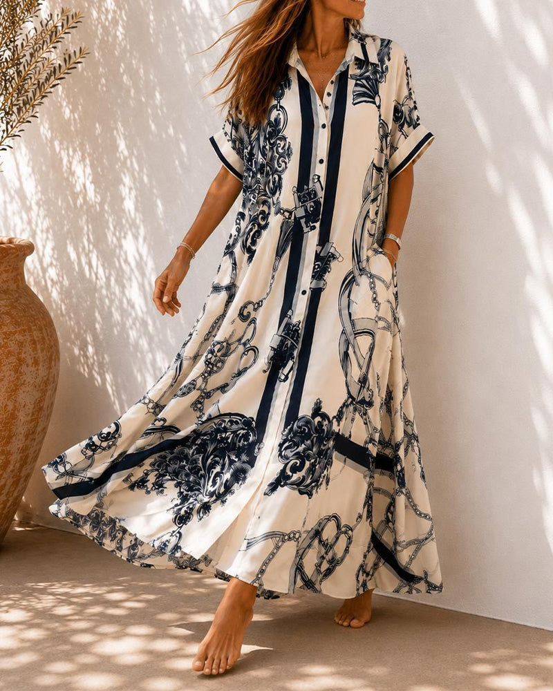 Vivienne™ Vintage Scroll Collared Shirt Maxi Dress