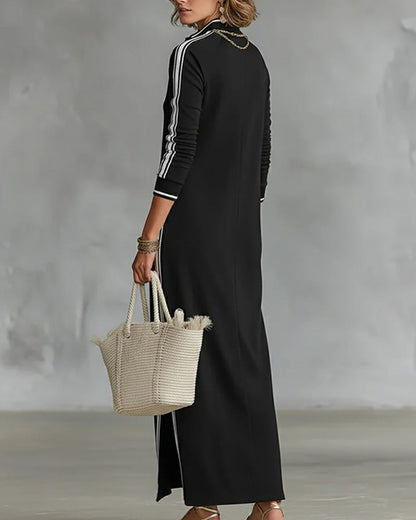 Sirilak™ | Linen V-Neck Maxi Dress with Contrast Buttons
