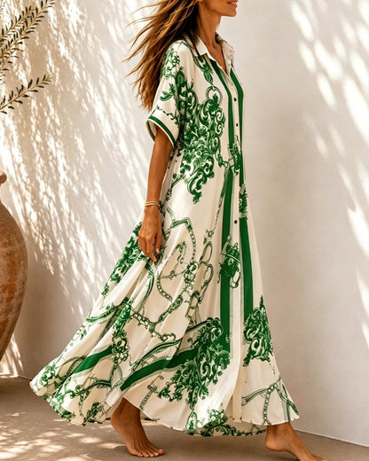 Vivienne™ Vintage Scroll Collared Shirt Maxi Dress
