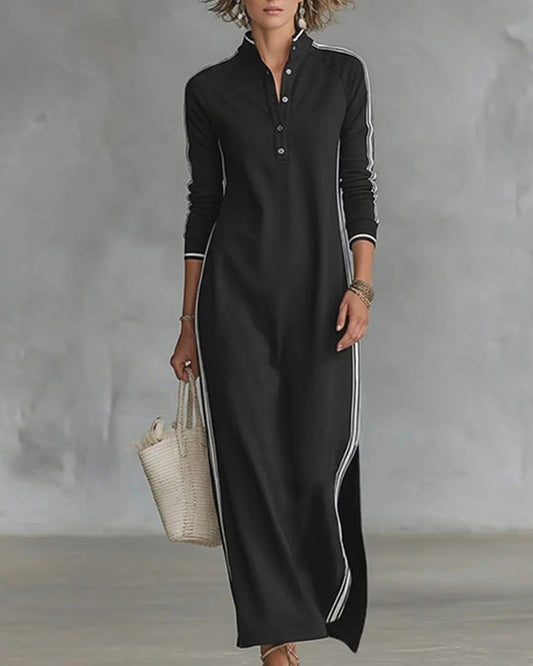 Sirilak™ | Linen V-Neck Maxi Dress with Contrast Buttons