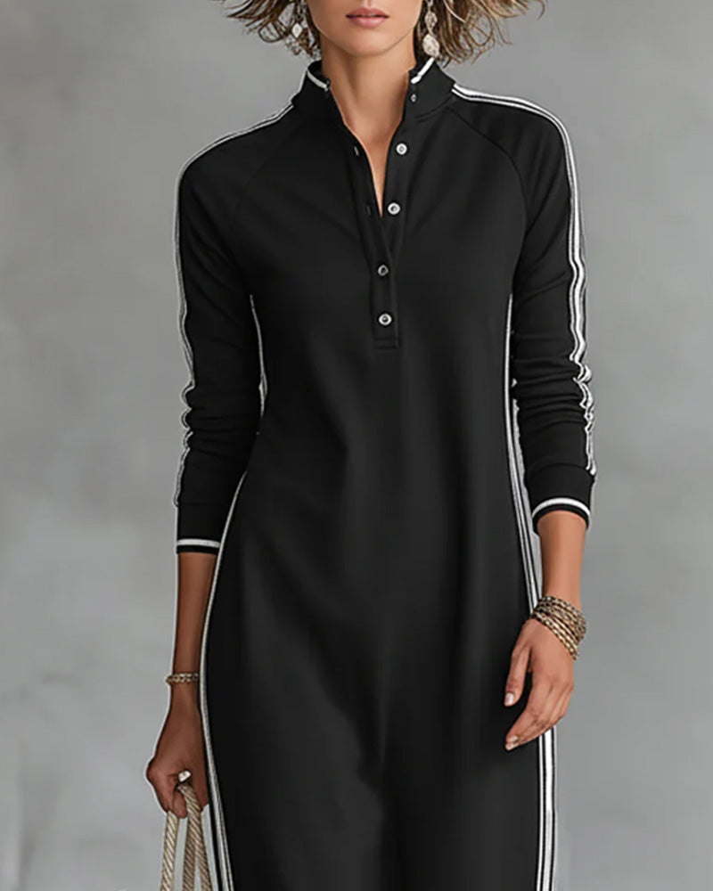 Sirilak™ | Linen V-Neck Maxi Dress with Contrast Buttons