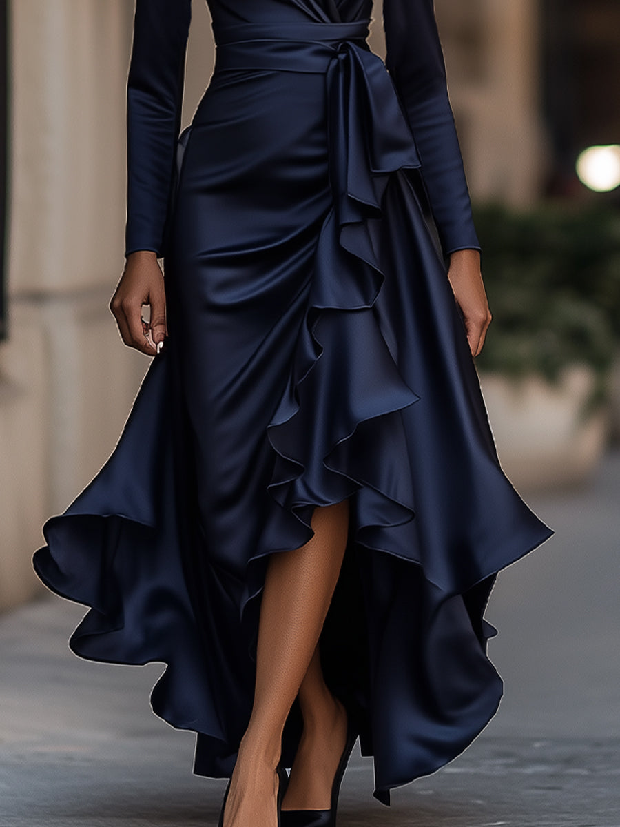 Palma™ | Draped Satin Maxi Dress with Ruffle Details