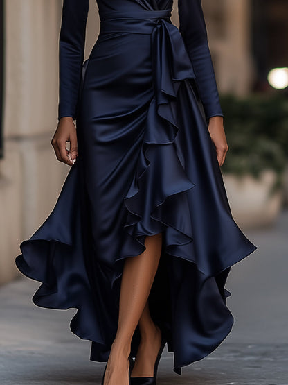 Palma™ | Draped Satin Maxi Dress with Ruffle Details