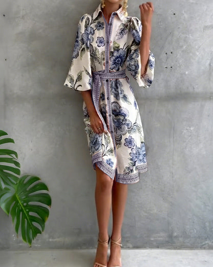 Lorette™ Notch Collar Lantern Sleeve Midi Dress