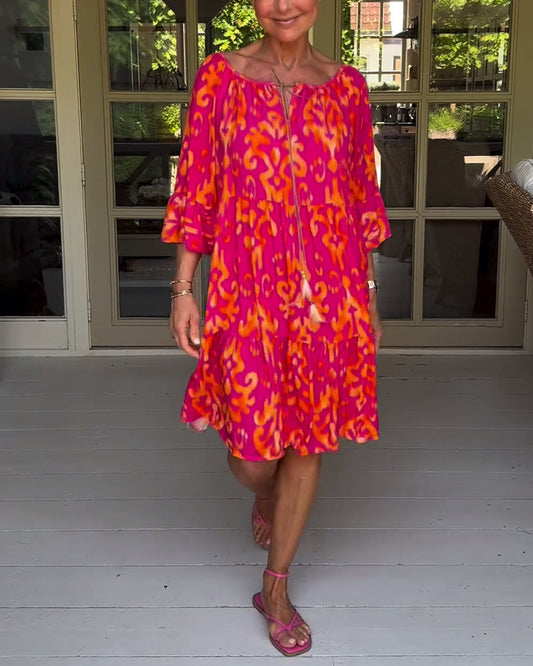 Camille™ Drawstring Neck Bell Sleeve Midi Dress