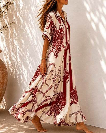 Vivienne™ Vintage Scroll Collared Shirt Maxi Dress