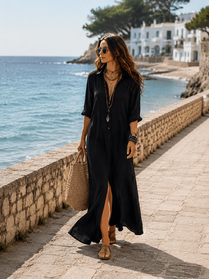 Serena™ Button-Front Bohemian Shirt Maxi Dress