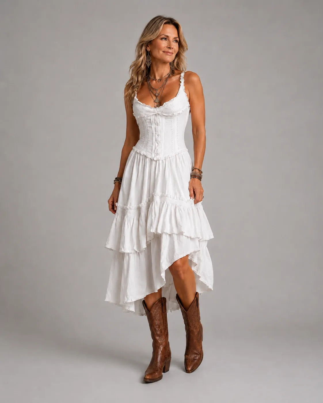 Rosalie™ Corset Tiered Lace-Trim Midi Dress