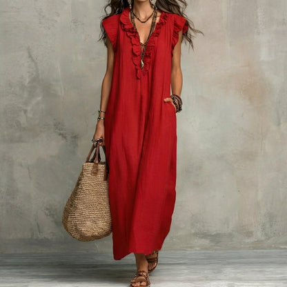 Josephine™ | Linen-Texture V-Neck Dress with Ruffles