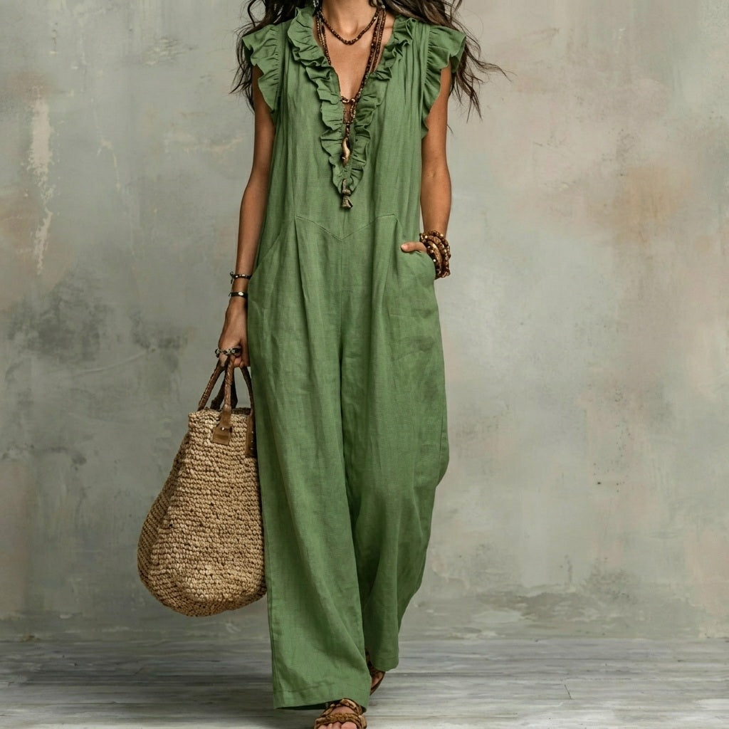 Josephine™ | Linen-Texture V-Neck Dress with Ruffles