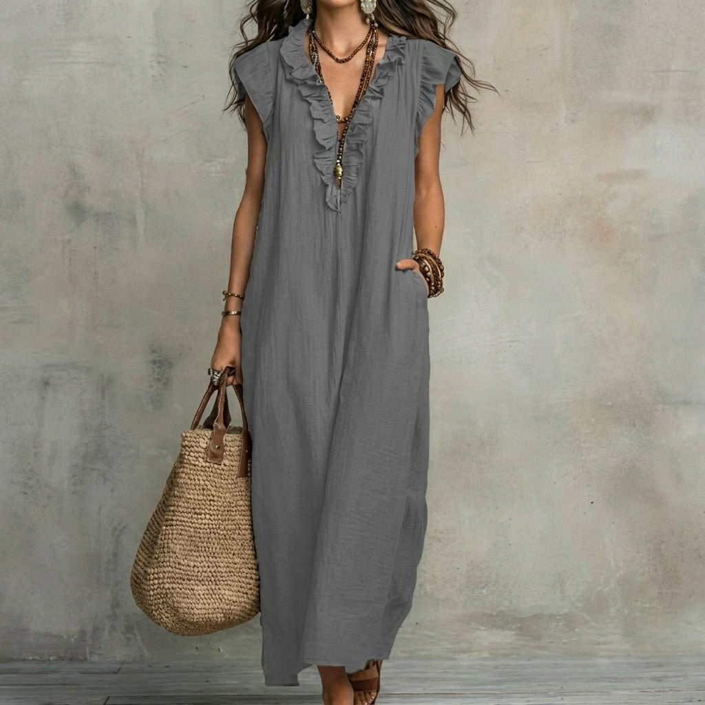 Josephine™ | Linen-Texture V-Neck Dress with Ruffles