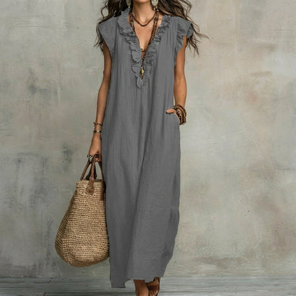 Josephine™ | Linen-Texture V-Neck Dress with Ruffles