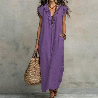 Josephine™ | Linen-Texture V-Neck Dress with Ruffles