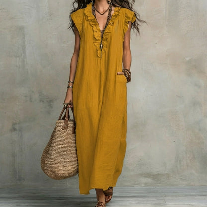 Josephine™ | Linen-Texture V-Neck Dress with Ruffles