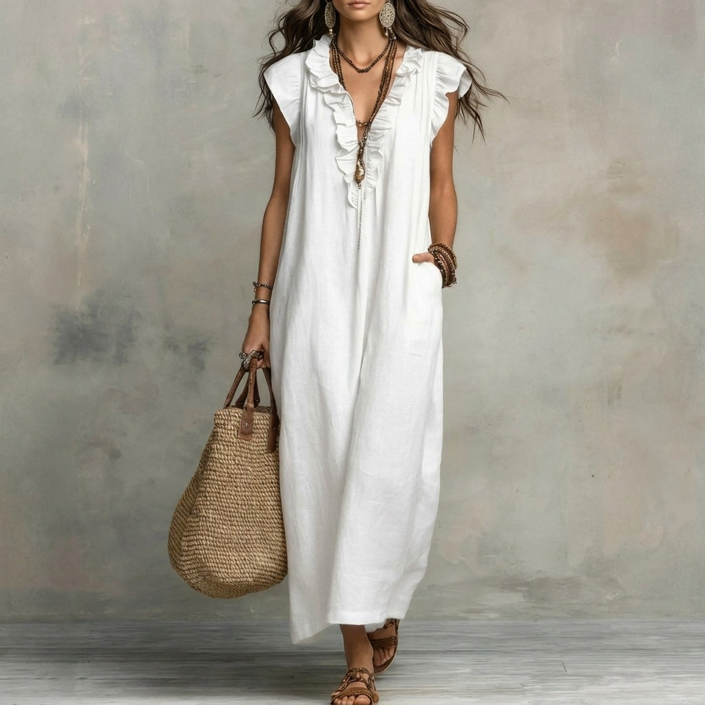 Josephine™ | Linen-Texture V-Neck Dress with Ruffles