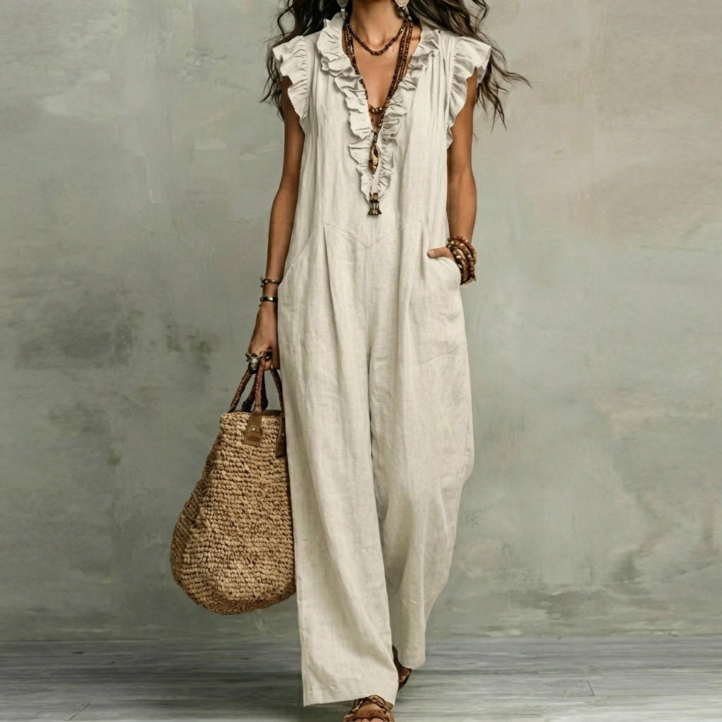 Josephine™ | Linen-Texture V-Neck Dress with Ruffles