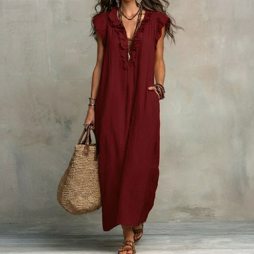 Josephine™ | Linen-Texture V-Neck Dress with Ruffles
