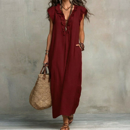 Josephine™ | Linen-Texture V-Neck Dress with Ruffles