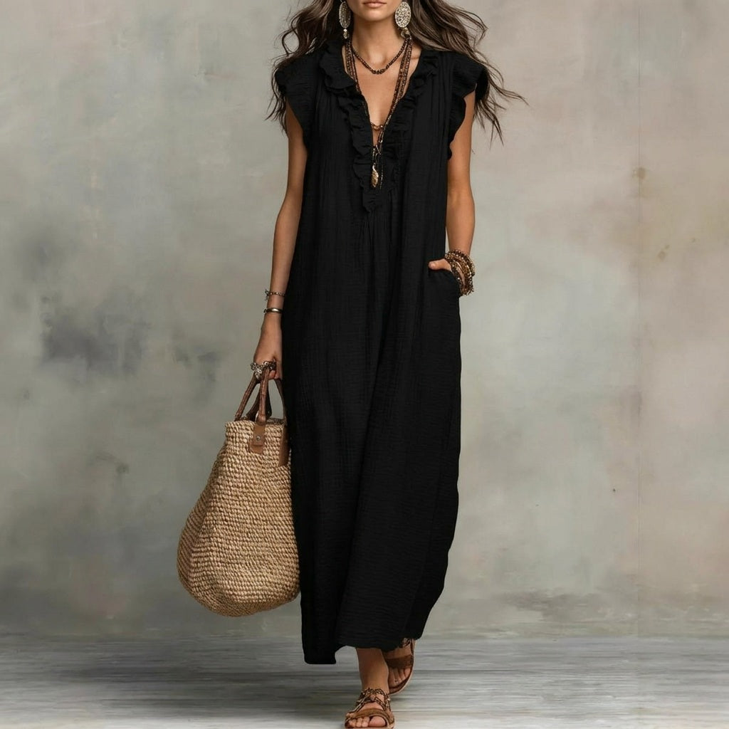 Josephine™ | Linen-Texture V-Neck Dress with Ruffles