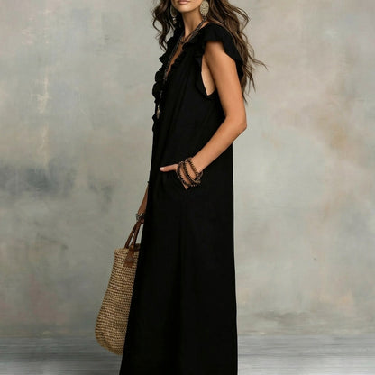 Josephine™ | Linen-Texture V-Neck Dress with Ruffles