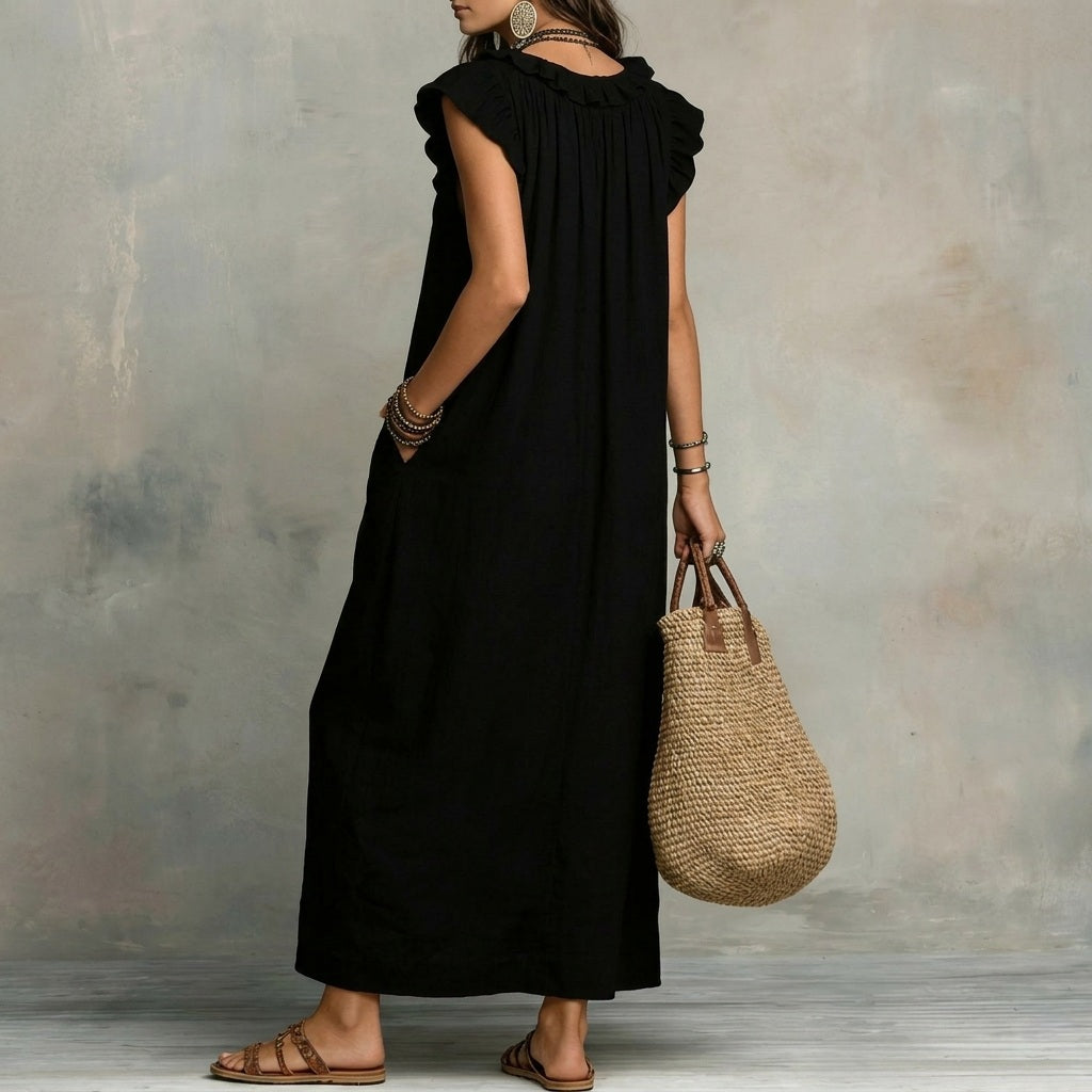 Josephine™ | Linen-Texture V-Neck Dress with Ruffles