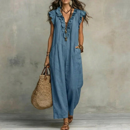 Josephine™ | Linen-Texture V-Neck Dress with Ruffles