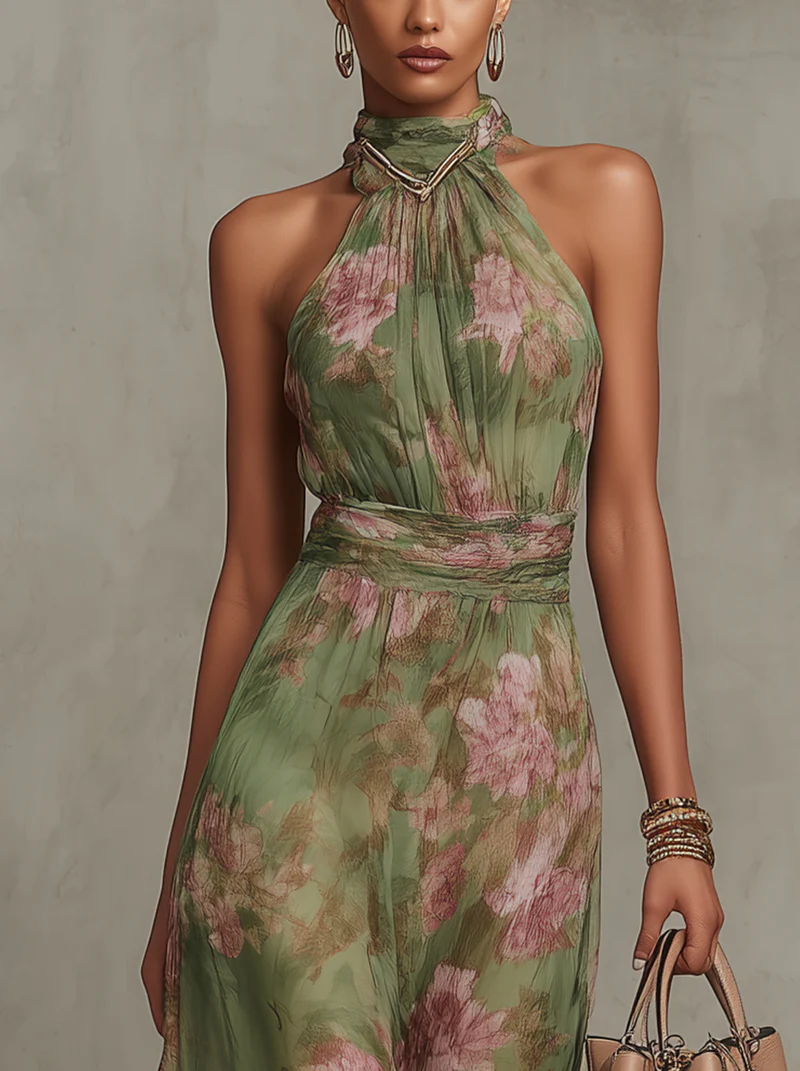 Sage | Impressionist Floral Halter Maxi Dress