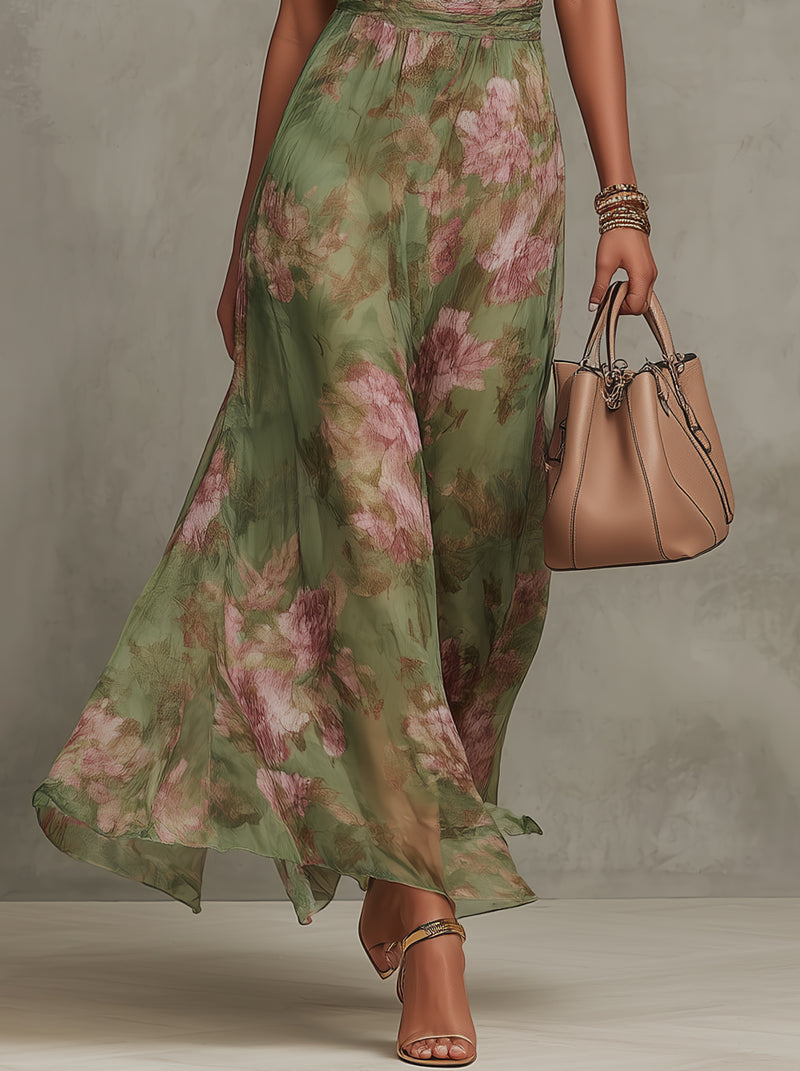 Sage | Impressionist Floral Halter Maxi Dress